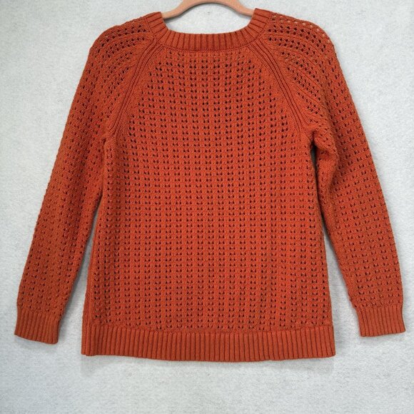 Talbots Sweater Womens Medium Orange Cotton Pointelle Open Knit Raglan Crewneck - Picture 7 of 8
